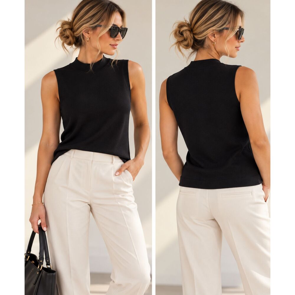 Ann Taylor Black Mock Neck Sleeveless Sweater Top Women’s XL Minimalist Workwear